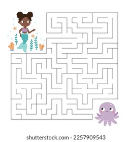 Juego de Maze con sirena y pulpo. Personajes de cuento de hadas. Página de actividades para niños. Ropa imprimible. Rompecabezas educativo. Ilustración vectorial.