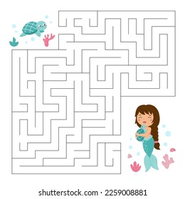 Maze game with mermaid and turtles. Printable educational labyrinth. Activity page. Children workbook. Cute cartoon fairy tale characters. Vector illustration.