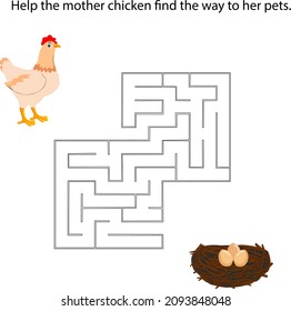 Maze game with mother chicken. Cartoon labyrinth education puzzle. Help the mother chicken find the way to her pets. Vector kids activity worksheet.