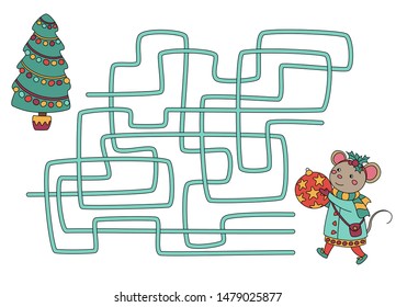 Maze game. mouse Helps find path to Christmas tree. Vector illustration for kids. Kids learning games, xmas collection. Labyrinth for children page