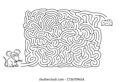 Maze game with mouse and a piece of cheese. Doodle style.