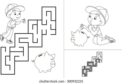 Maze game. One cartoon baby boy play his piggy bank. Maze game for kids. Find correct way. Task and answer. 