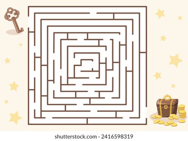 Maze game. Open the treasure chest with the key. Children's educational games. Vector illustration for activity book. Worksheet.