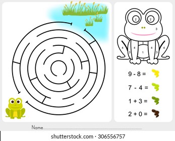 Maze Game And Paint Color By Numbers - Worksheet For Education