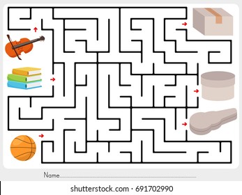 Maze game: Pick violin, books and ball to box - worksheet for education