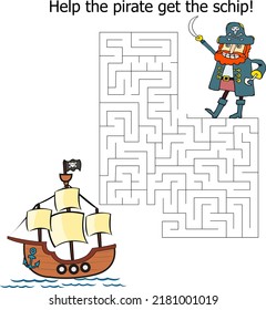 Maze game with a pirate. Cartoon maze educational puzzle. Help the pirate get to the ship. Vector kids activity sheet.