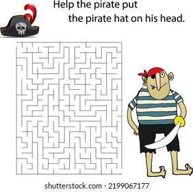 Maze game with pirate. Cartoon labyrinth education puzzle. Help the pirate put the pirate hat on his head. Vector kids activity worksheet.