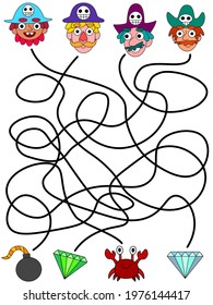 Maze game with pirates stock vector illustration. Educational visual game for kids - who gets what? Four funny cartoon pirates, tangled tracks and bomb, two gems, and crab