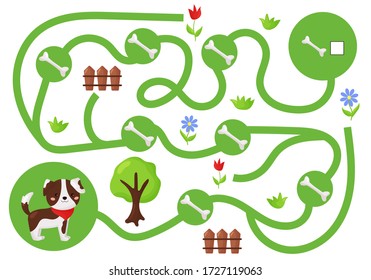Maze game for preschool children. Help the dog collect all bones. Count and write. Cute kawaii characters. Educational worksheet.
