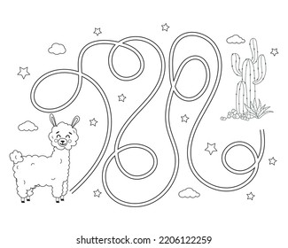 Maze game for preschool children. Puzzle with tangled road. Outline coloring page for kids book. Cute alpaca with cacti. Vector illustration.