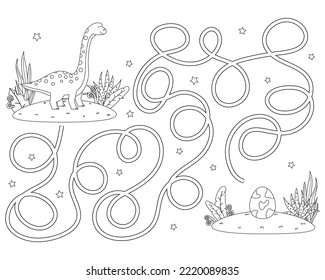 Maze game for preschool children. Puzzle with tangled road. Outline coloring page for kids book. Cute dino with dino egg. Vector illustration