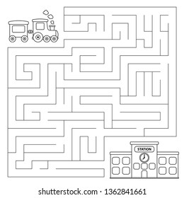 Maze game for preschool children. Vector coloring page. Help the train find the right path to station.