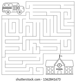 Maze game for preschool children. Vector coloring page. Help the bus find right path to the school.