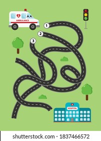 Maze game for preschool kids. Find right road to the hospital. Transportation theme. Cartoon emergency ambulance car.