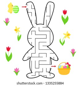 Maze game for preschool kids. Help the chick find right way to the basket of Easter eggs. Labyrinth shape of rabbit. Vector illustration.