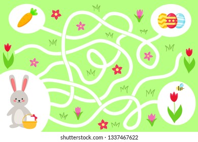 Maze game for preschool kids. Help the kawaii bunny find right way to the Easter eggs. Spring flowers and carrot. Vector illustration.