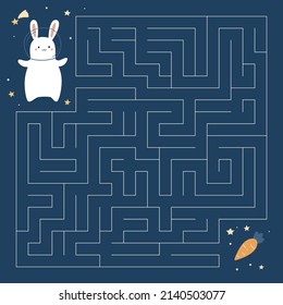 Maze game for preschool kids. Help the space rabbit find right way to carrot. Cartoon kawaii bunny with stars. Educational puzzle for children. Vector illustration