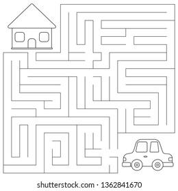 Maze game for preschool kids. Vector coloring page. Help the car find right path to the home.