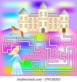 Maze game with a princess, horse and castle. Game for girls. Game for girls