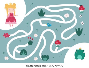 Maze game with princess and King frog. Cute cartoon kawaii characters. Worksheet with labyrinth. Puzzle for kids. Fairy tale Prince Frog. Vector illustration.