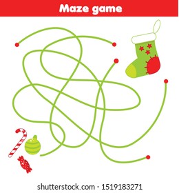 Maze game. Put gift in sock. Christmas and New year holidays labyrinth Activity for children and kids