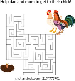 Maze game with rooster and hen. Labyrinth. Help dad and mom to get to their chick Maze game for children. Vector illustration.