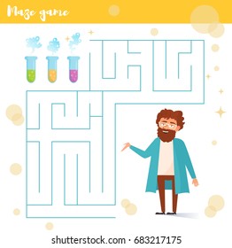 Maze game. Scientist, flasks. Isolated art on white background. Vector. Cartoon. Flat