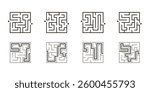 Maze game set, exploration and strategy. Square riddle challenge with ready solution. Winding corridors in engaging puzzle with twists, turns and hidden pathways. Vector illustration