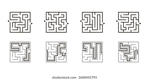 Maze game set, exploration and strategy. Square riddle challenge with ready solution. Winding corridors in engaging puzzle with twists, turns and hidden pathways. Vector illustration