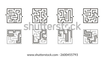 Maze game set, exploration and strategy. Square riddle challenge with ready solution. Winding corridors in engaging puzzle with twists, turns and hidden pathways. Vector illustration