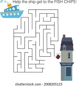 Maze game with ship. Cartoon labyrinth education puzzle. Find path for ship to house. Vector kids activity worksheet.