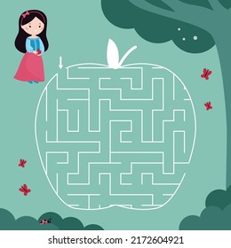 Maze game with Snow White. Cute cartoon kawaii princess. Classical fairy tale for children. Labyrinth of apple shape. Vector illustration.