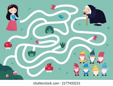 Maze game with Snow White princess, witch and seven dwarfs. Classical fairy tale kawaii characters. Labyrinth puzzle with paths. Vector illustration.