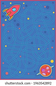 Maze Game With Space Rocket. Cartoon Vector Labyrinth Education Puzzle. Find Path. Kids Activity Worksheet.