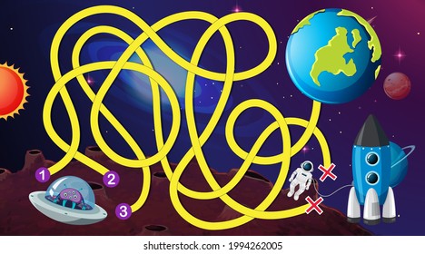 Maze game with space theme template illustration