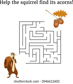 Maze game with squirrel. Labyrinth. Help the aquirrel find its acorns. Maze game for children. Vector illustration.