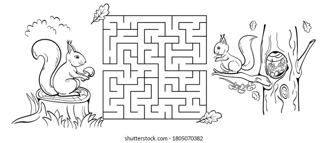 Maze game with squirrels. Help the squirrel to bring the mushroom to the hollow on oak. Coloring page. 