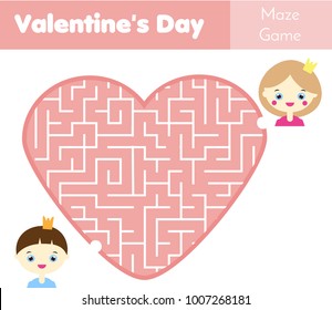 Maze game. St Valentine's day theme. Kids activity sheet. Heart shape labyrinth
