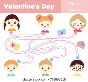 Maze game. St Valentine's day theme. Kids activity sheet. Help children deliver love letters
