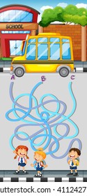 Maze game with students and school bus illustration