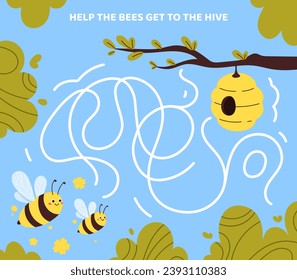 Plantilla de juego de Maze. Abejas y sendero de la línea de colmena. Laberinto con colmenas. Material educativo para niños. Desarrollo de habilidades lógicas para los niños. Afiche o pancarta. Dibujo vectorial plano de dibujos animados