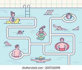 Maze game template. Boy looking for a ball in the pool. flat design style vector illustration