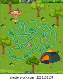 Plantilla de juego de Maze en el tema de camping para la ilustración infantil