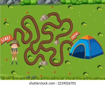 Maze game template in camping theme for kids illustration