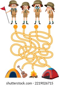 Plantilla de juego de Maze en el tema de camping para la ilustración infantil