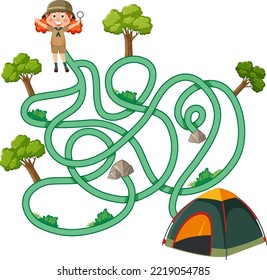 Maze game template in camping theme for kids illustration