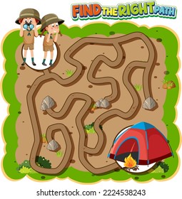 Maze game template in camping theme for kids illustration