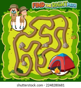 Plantilla de juego de Maze en el tema de camping para la ilustración infantil
