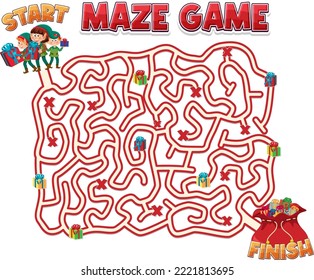 Maze game template in Christmas theme for kids illustration