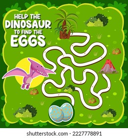 Maze game template in dinosaur theme for kids illustration